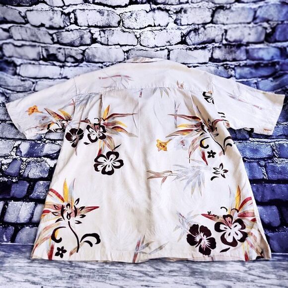 Paradise Blue tan floral Hawaiian 100% silk shirt - Picture 3 of 4